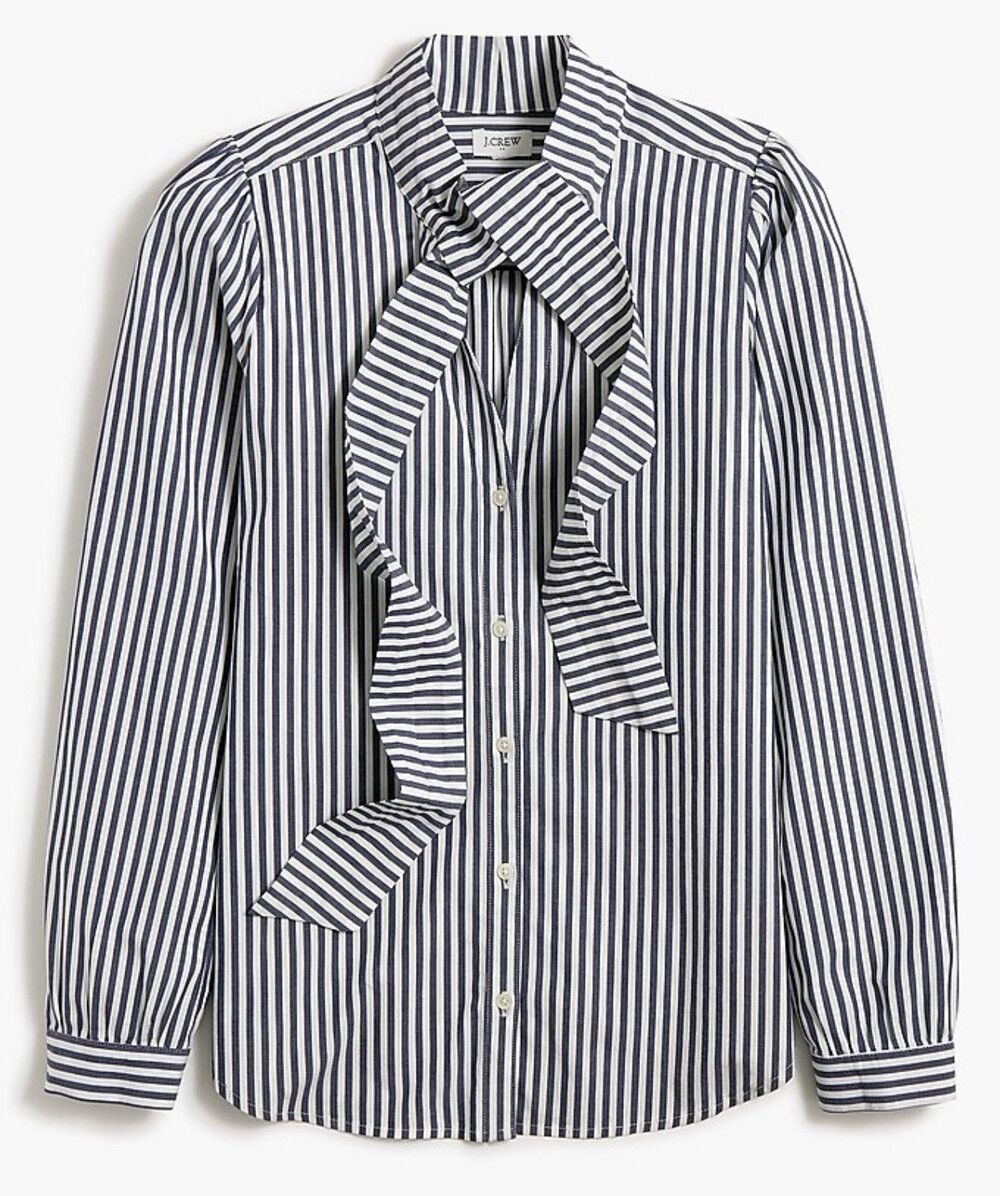 J Crew Women Top Gray Stripe Bow Tie Neck Preppy Retro Classic Work Large NWT